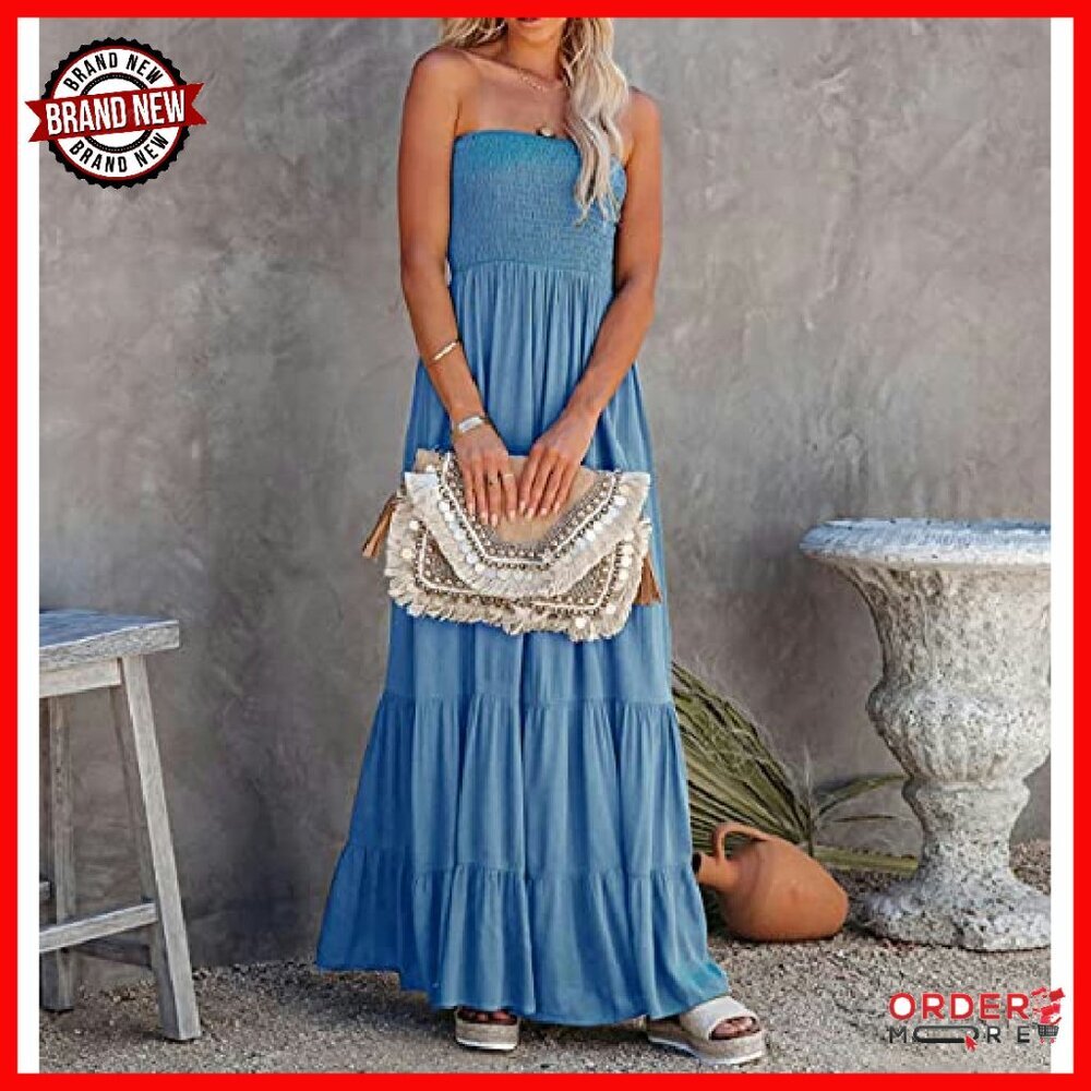 Cotton Strapless Maxi Dress Smocked Top Flowy Boho Summer Beach - Picture 5 of 8